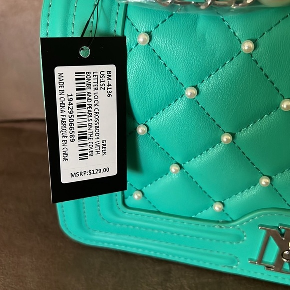 Badgley Mischka Quilted Crossbody Bag with Pearl Chain – Teal/Green - Picture 2 of 3